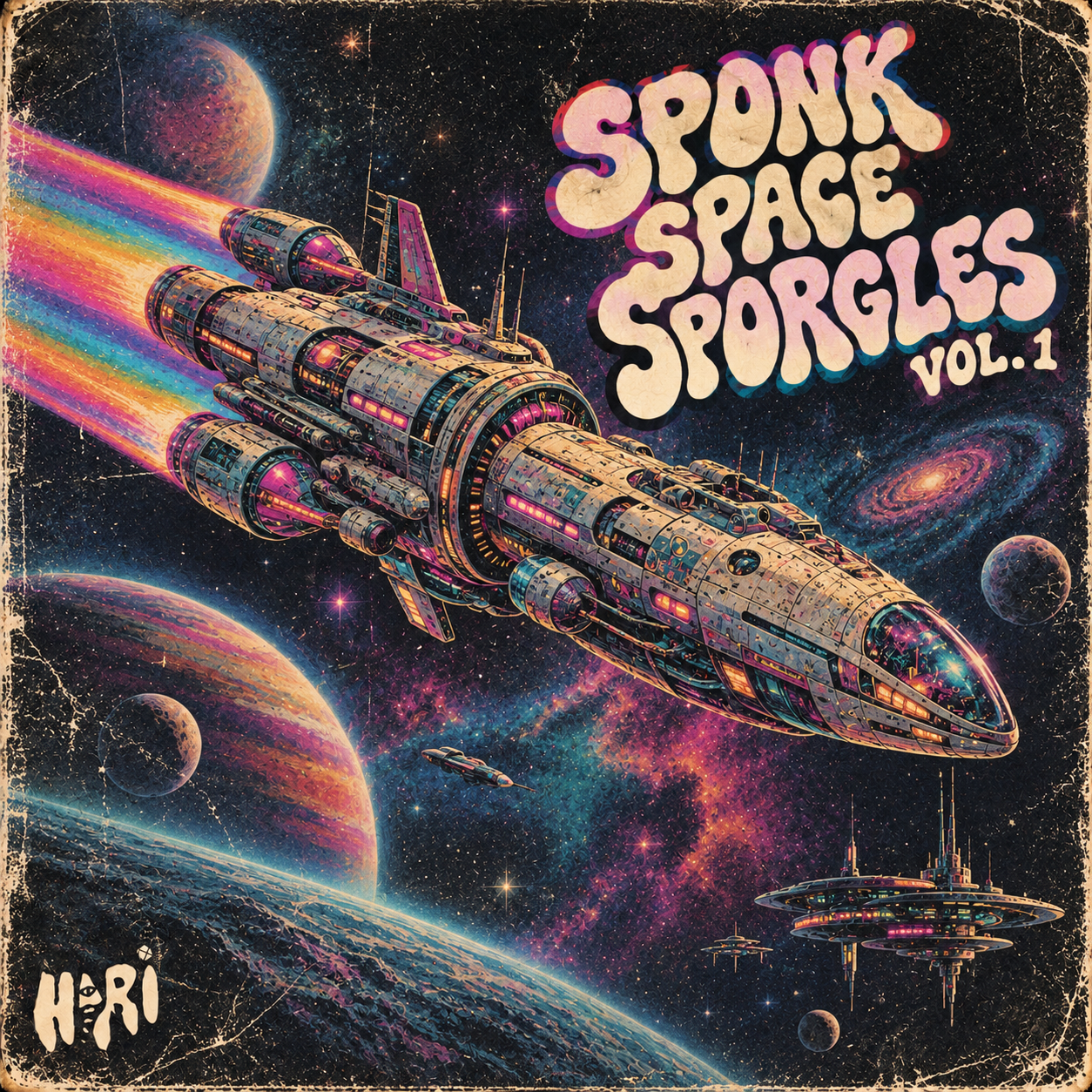 Sponk Space Sporgles Vol. 1 — original cream psychedelic lettering above a spacecraft crossing a colorful galaxy