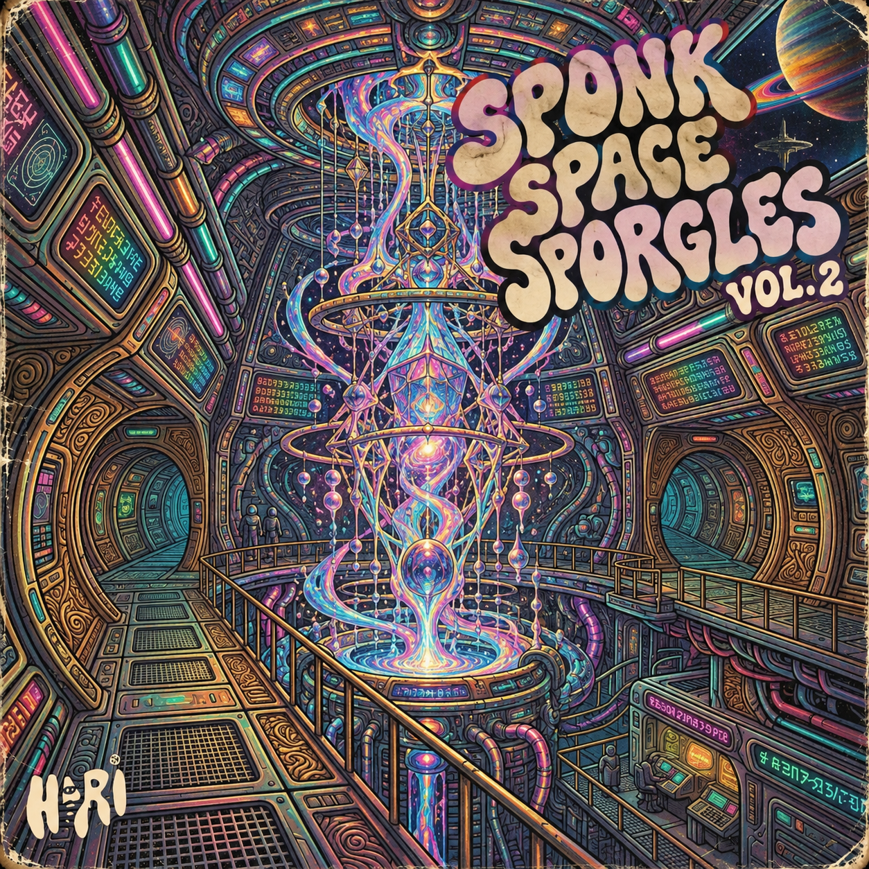 Sponk Space Sporgles Vol. 2 — original cream psychedelic lettering inside a neon-lit alien spacecraft