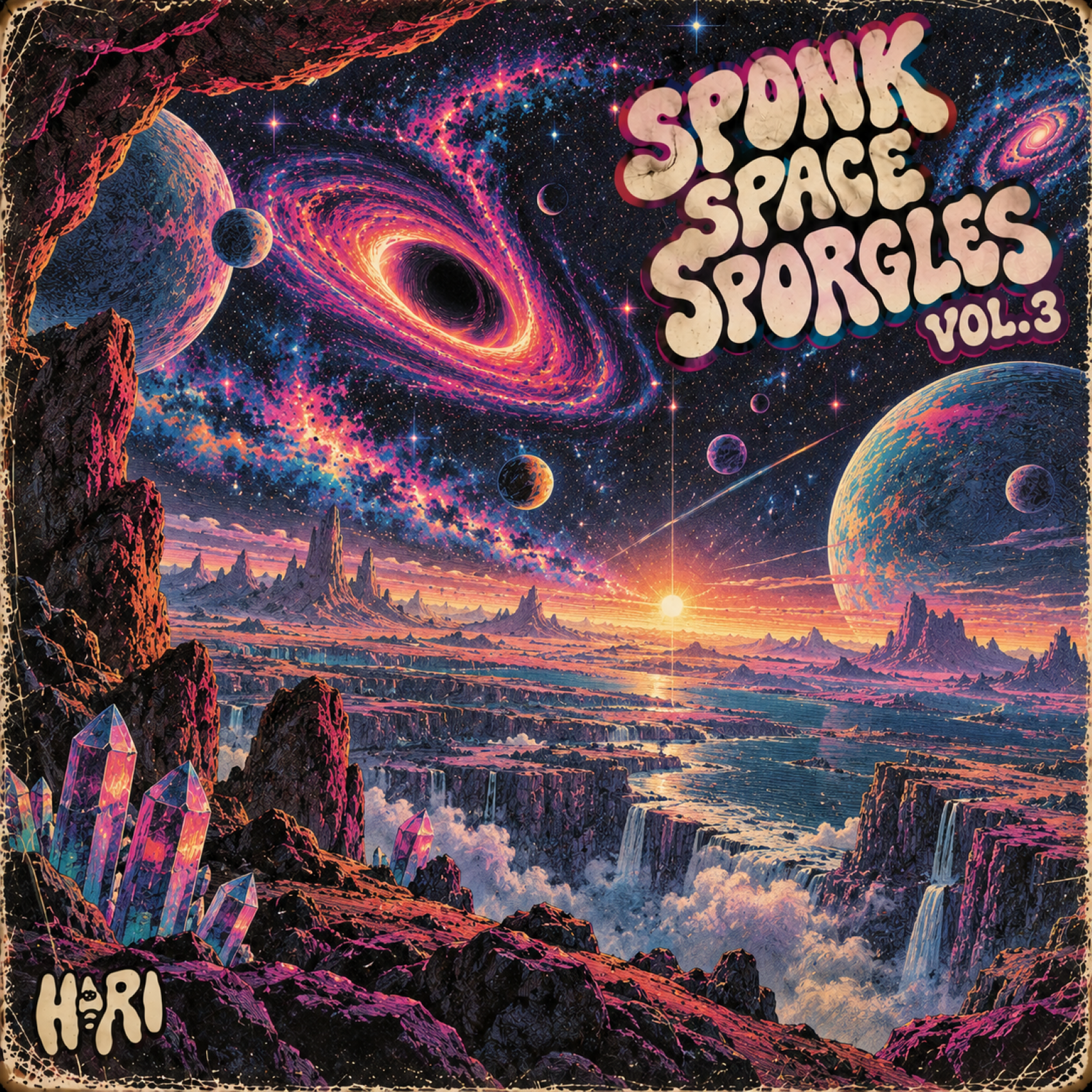 Sponk Space Sporgles Vol. 3 — original cream psychedelic lettering over a cosmic landscape in magenta, blue and sunset gold